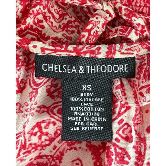 Chelsea & Theodore Boho Paisley Red White Blouse XS Elegant Casual Lace Detail - Picture 8 of 8